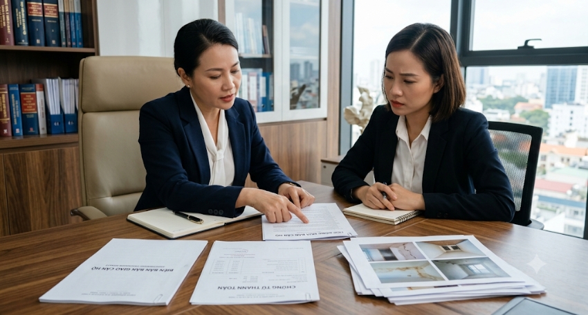 Khách hàng trao đổi hồ sơ tranh chấp căn hộ với luật sư