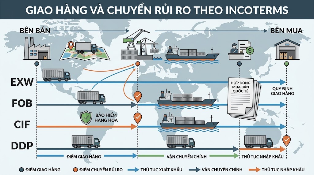 Sơ đồ giao hàng quốc tế và thời điểm chuyển rủi ro