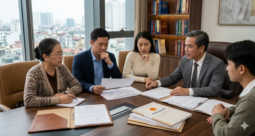 Các thành viên gia đình xem xét di chúc và giấy tờ di sản