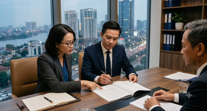 Người quản lý xem xét hợp đồng trước khi ký với đối tác