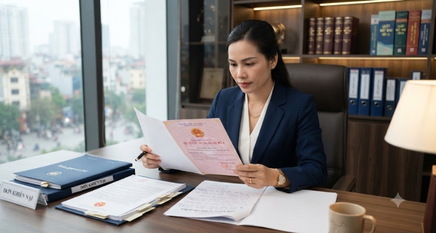 Luật sư nghiên cứu hồ sơ đất đai và chuẩn bị tài liệu khiếu nại.