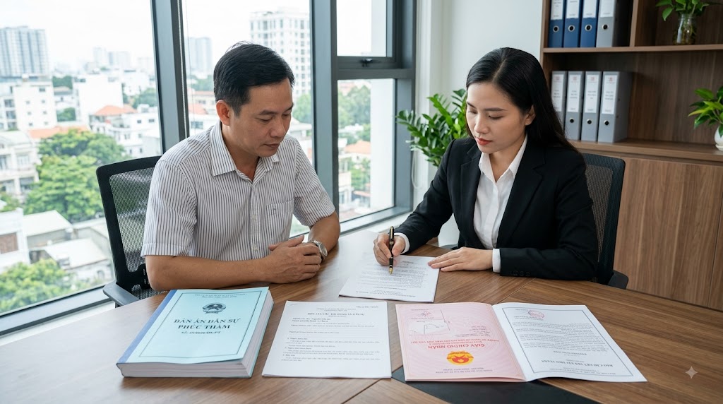 Người được thi hành án làm việc với luật sư về hồ sơ nhà đất
