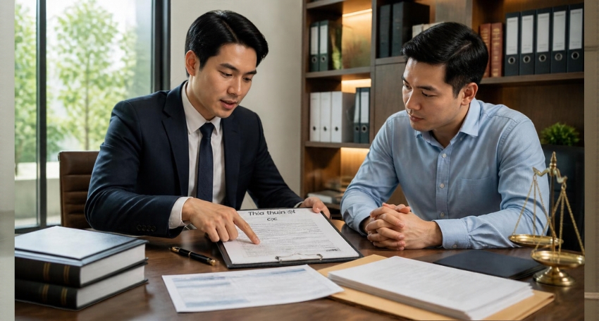 Luật sư kiểm tra thỏa thuận đặt cọc và chứng từ giao nhận tiền