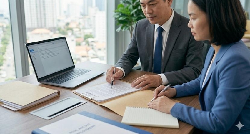 Người lao động và đại diện doanh nghiệp trao đổi về hợp đồng và quyền lợi lao động.