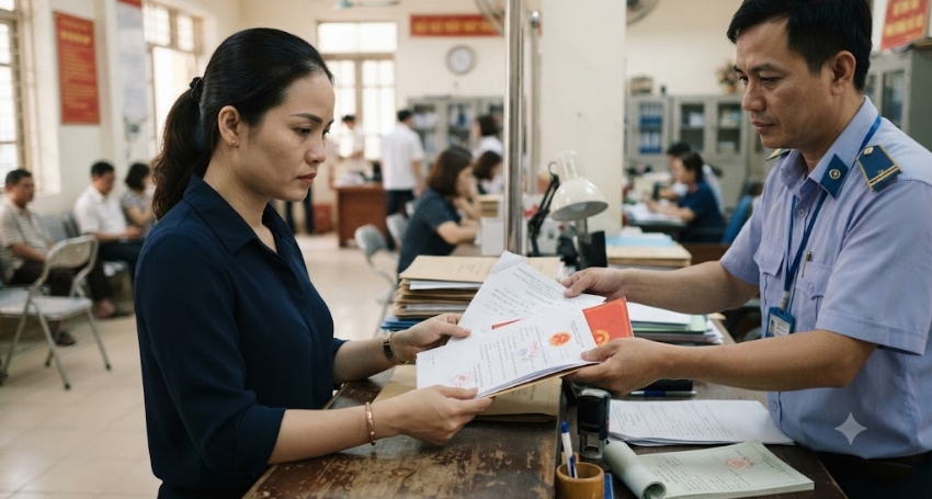 Người dân nhận lại hồ sơ đăng ký biến động đất đai tại cơ quan hành chính.