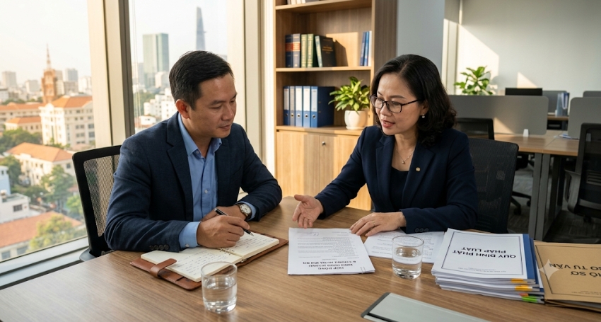 Chủ doanh nghiệp nhỏ trao đổi hồ sơ pháp lý với luật sư