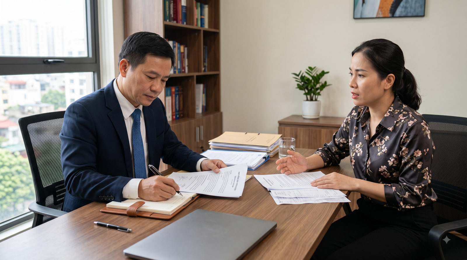 Khách hàng trao đổi với luật sư về tài sản bị giữ không trả